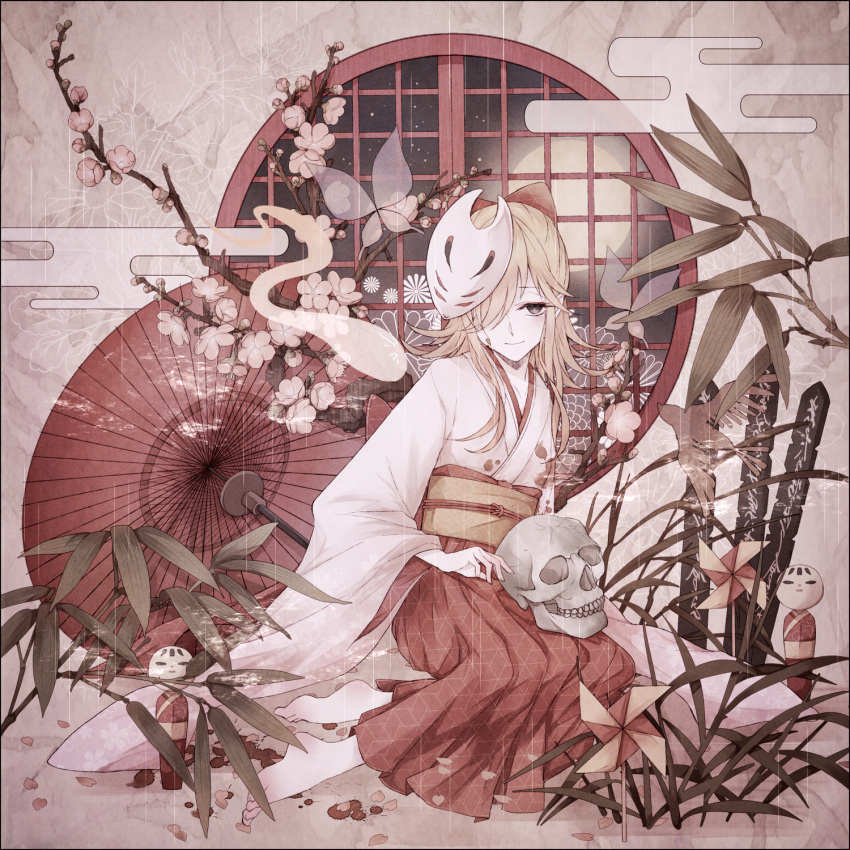 1girl, alternate_costume, barefoot, bird, blonde_hair, bow, cherry_blossoms, face_mask