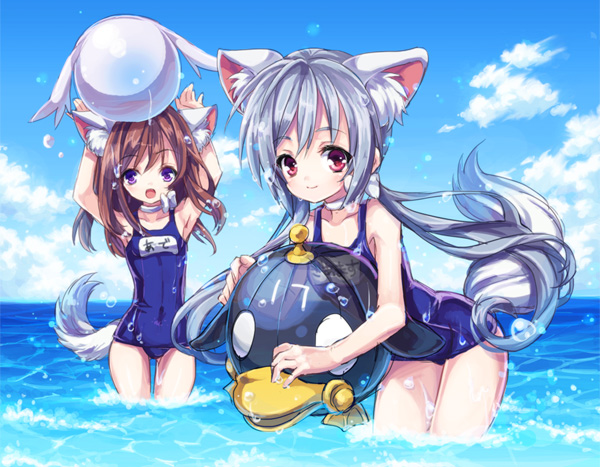 2girls, academic_(dragon_nest), animal_ears, blue_eyes, braid, brown_hair, cat_ears, dragon_nest, feet_in_water, hino_(mooncalf+t), long_hair, multiple_girls, red_eyes, school_swimsuit, silver_hair, soaking_feet, swimsuit, tail, twin_braids, twintails, water