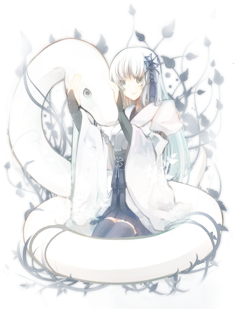1girl, black_legwear, blue_eyes, bridal_gauntlets, hair_ornament, japanese_clothes, kasuga_haruhi, long_hair, miko, original, skirt, smile, snake, solo, thigh-highs, white_background, white_hair
