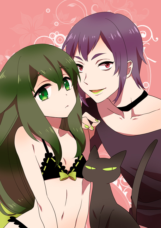 bikini, black_bikini, cat, frilled_bikini, frills, gatchaman_crowds, green_eyes, green_hair