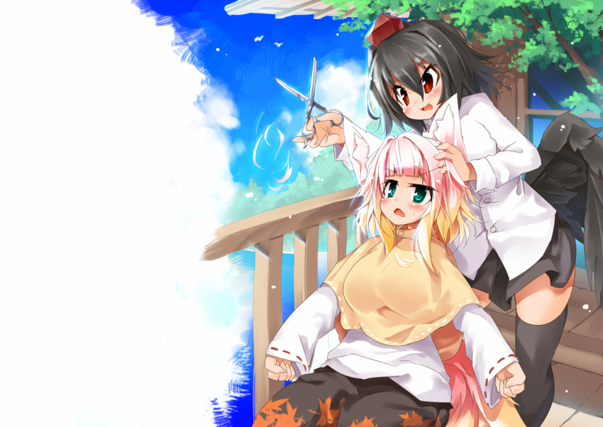 2girls, alternate_hair_color, alternate_hair_length, alternate_hairstyle, animal_ears, black_hair, black_legwear, black_wings