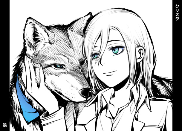 1girl, animal, blue_eyes, christa_renz, hair_between_eyes, monochrome, partially_colored, pillarboxed
