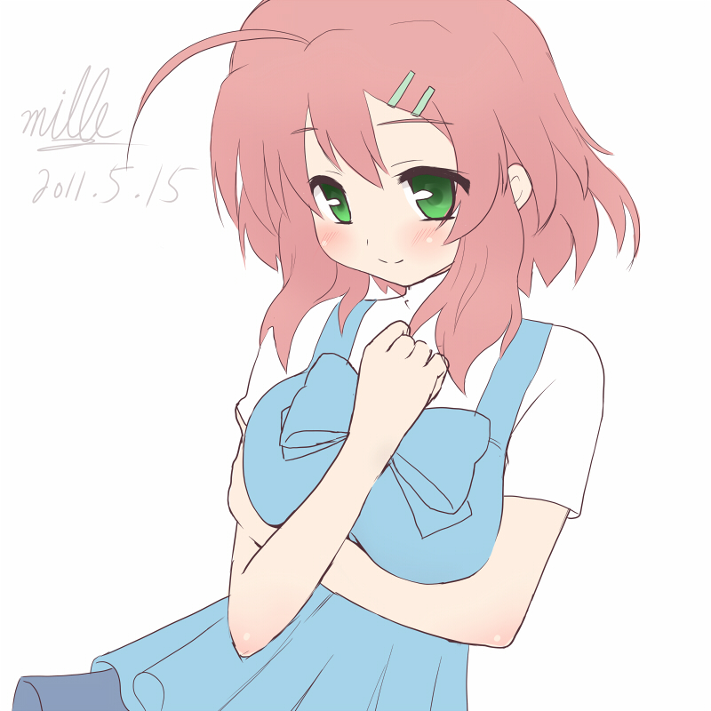 1girl, blush, bow, breasts, dated, deardrops, green_eyes, mille