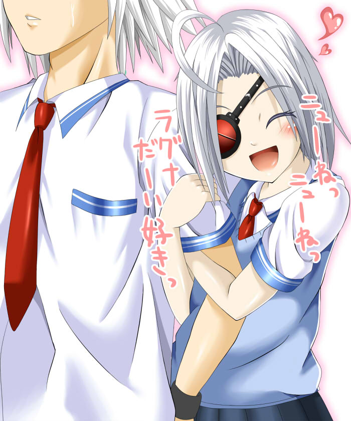 blazblue, blush, eyepatch, hug, najaran_(pixiv), necktie, nu-13, ragna_the_bloodedge