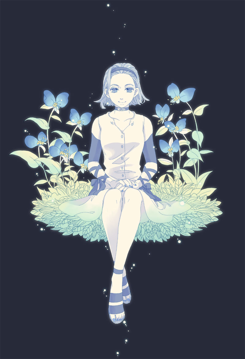 1girl, chiyo_(chidori), dress, earrings, flower, ghost, hairband, jewelry