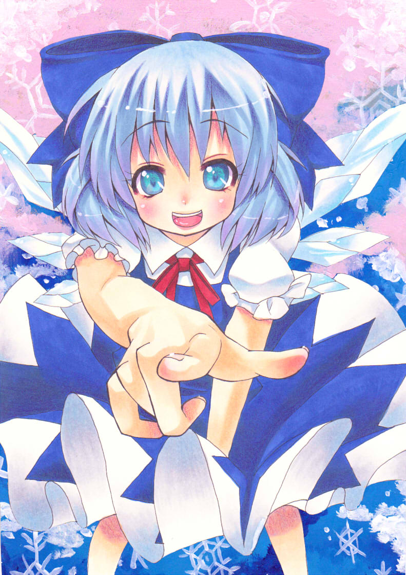 blue_hair, bow, cirno, foreshortening, hair_bow, marker_(medium), shie, short_hair