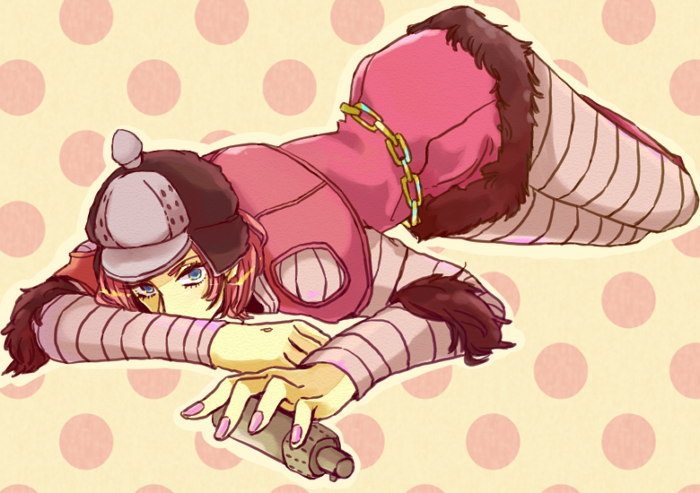 1girl, blue_eyes, cream_starter_(stand), hat, hot_pants_(sbr), jojo_no_kimyou_na_bouken, pink_hair, short_hair, solo, stand_(jojo), steel_ball_run, tauhu