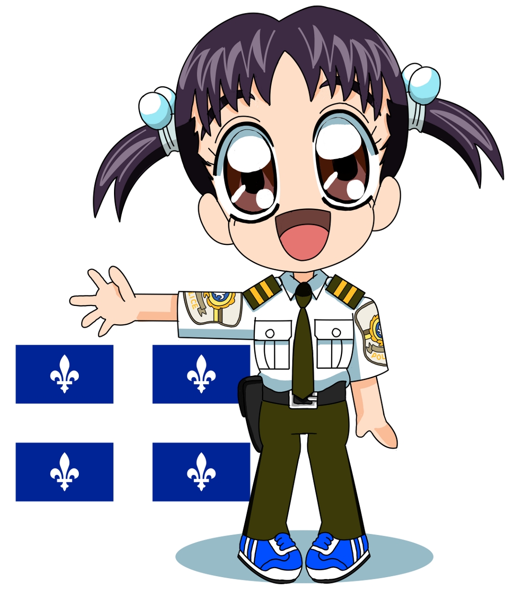 1girl, brown_eyes, flag, futari_wa_precure, futari_wa_precure_max_heart, highres, holster, kagayama_miu, police, police_uniform, precure, purple_hair, schneider_(sierra-77), solo, uniform