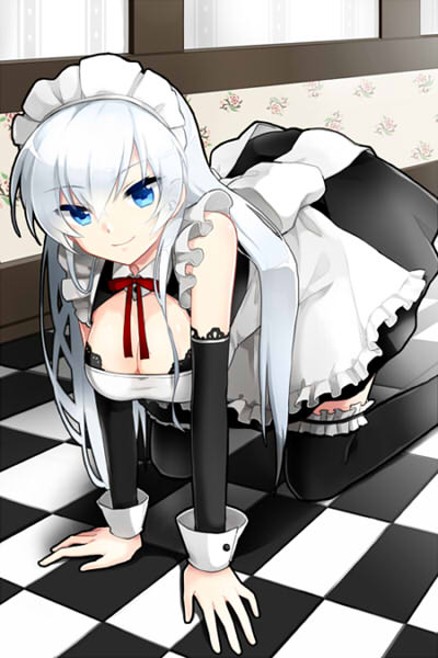 1girl, all_fours, bare_shoulders, black_legwear, blue_eyes, braid, breasts, checkered