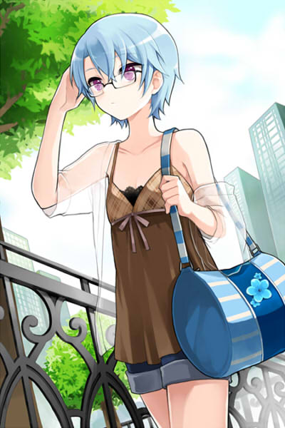 1girl, adjusting_glasses, bag, blue_hair, casual, esprit, fence, glasses