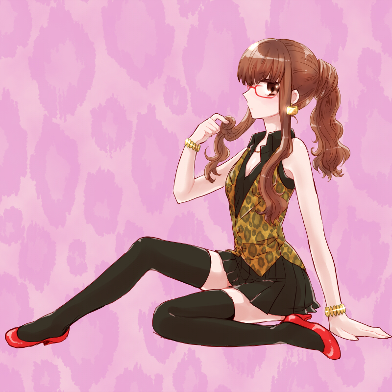 1girl, adapted_costume, alternate_hairstyle, bespectacled, black_legwear, black_miniskirt, bracelet, brown_eyes