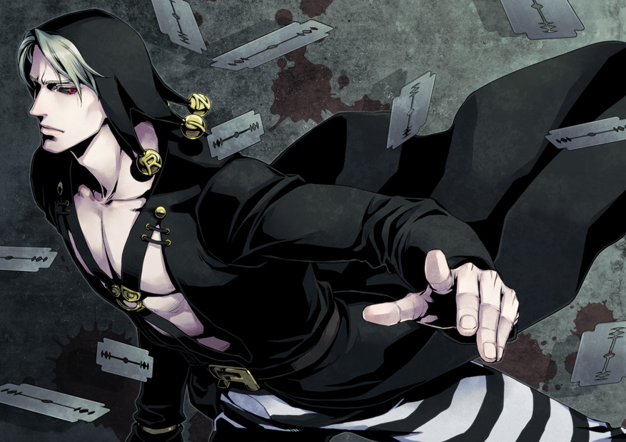 1boy, black_sclera, grey_hair, hat, jojo_no_kimyou_na_bouken, razor, red_eyes, risotto_nero, shima108, silver_hair, solo, striped, striped_pants