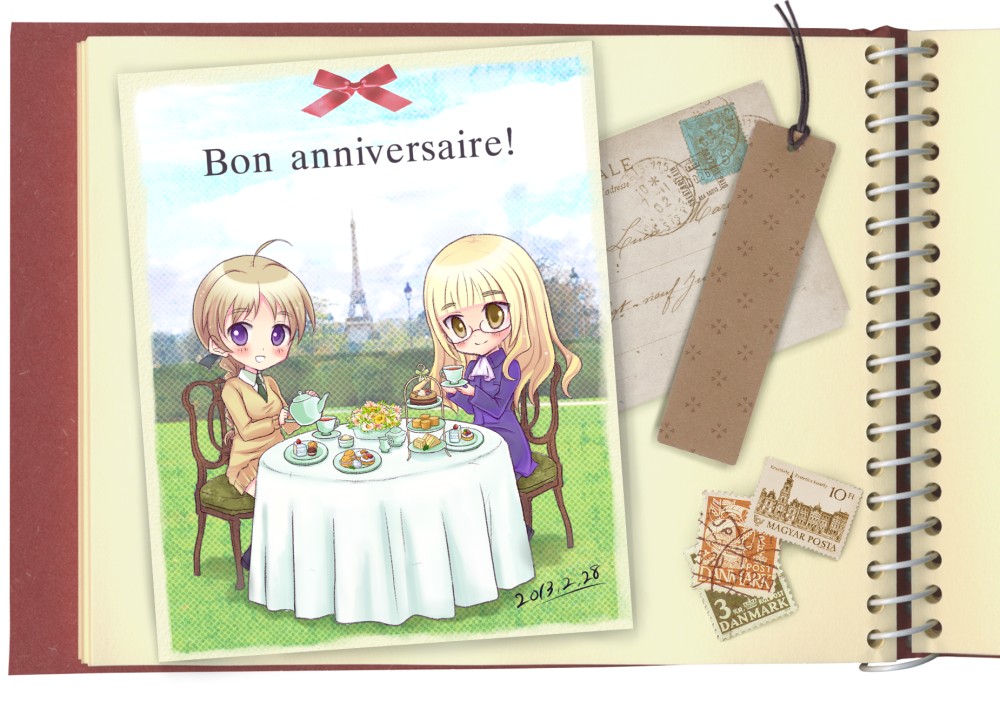 2girls, ahoge, blonde_hair, blue_sky, blush, booklet, bookmark, bouquet