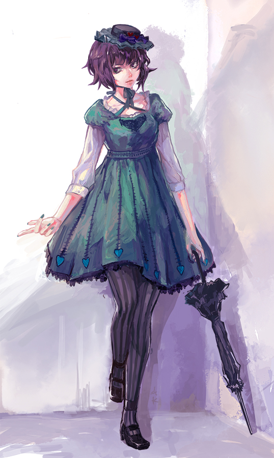 dress, green_dress, hat, purple_hair, short_hair, striped, striped_legwear, tagme
