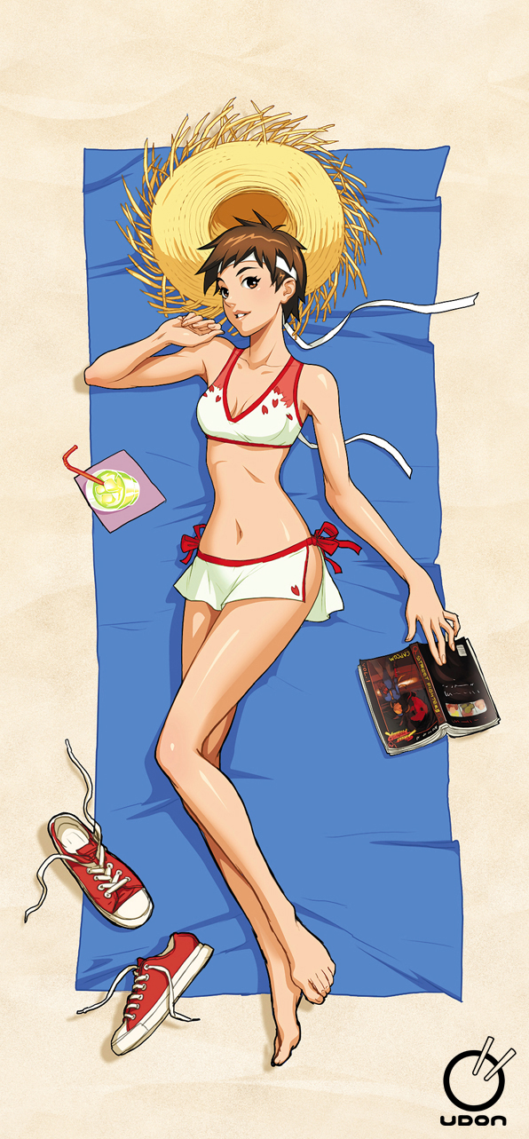 1girl, arnold_tsang, barefoot, bikini, bikini_skirt, book, brown_eyes, brown_hair
