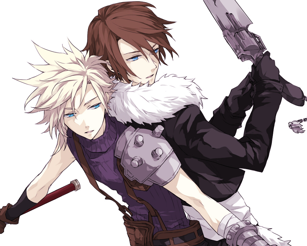 2boys, back-to-back, bisukorokoro, blonde_hair, blue_eyes, brown_hair, cloud_strife, final_fantasy