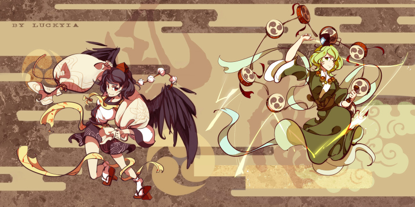 2girls, artist_name, beads, black_hair, bow, bowtie, drum, egasumi