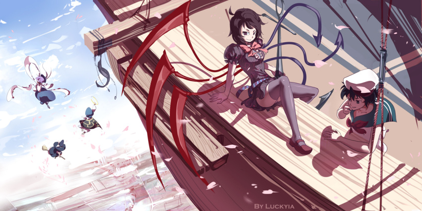 5girls, anchor, artist_name, asymmetrical_wings, basket, black_legwear, blonde_hair, blue_eyes