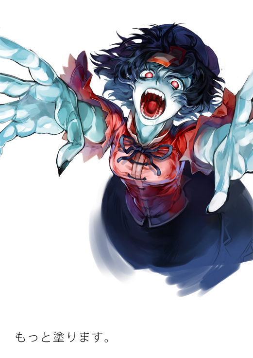 1girl, blue_hair, breasts, fangs, hat, jiangshi, miyako_yoshika, ofuda