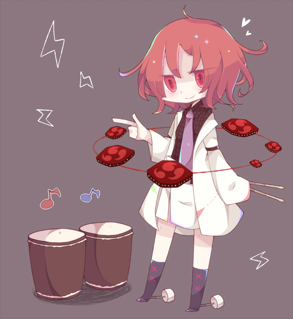 1girl, cosmicmind, drum, drumsticks, horikawa_raiko, instrument, lightning, musical_note, necktie, red_eyes, redhead, short_hair, simple_background, solo, touhou