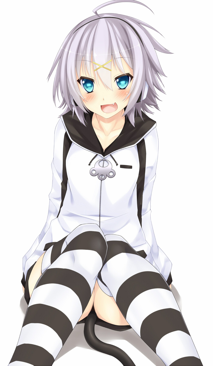 1girl, blush, headphones, highres, open_mouth, original, short_hair, simple_background, sitting, smile, solo, suterii, tail, thighhighs, white_background, yashiro_(rock_heart)