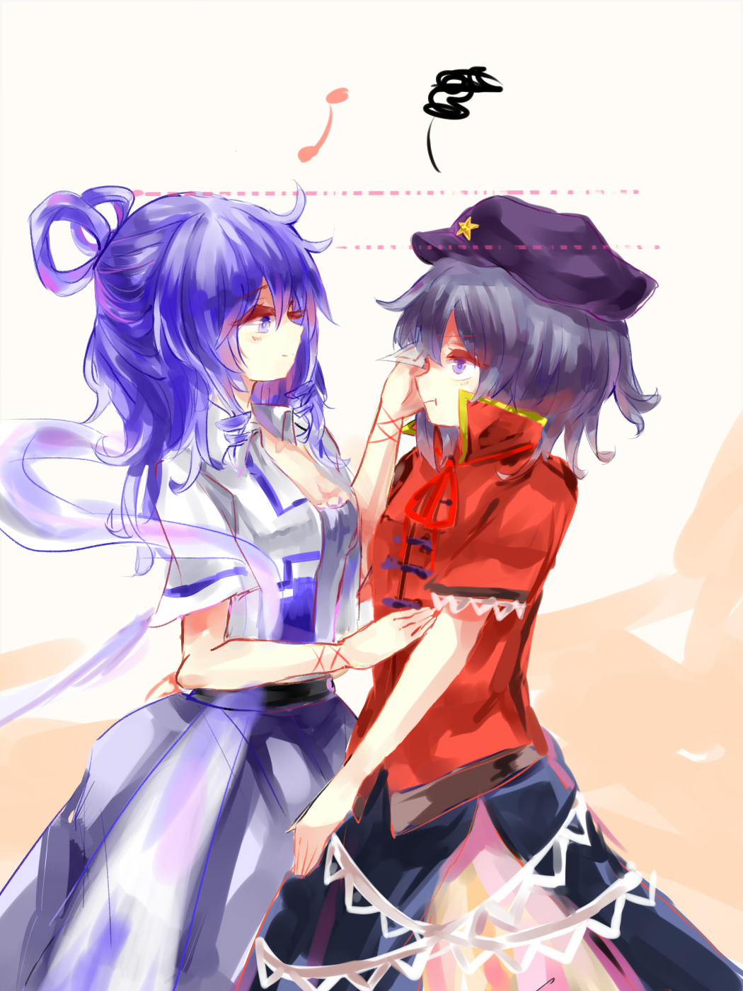 2girls, blue_eyes, blue_hair, breasts, cerevevisiae, dress, hair_ornament, hair_rings