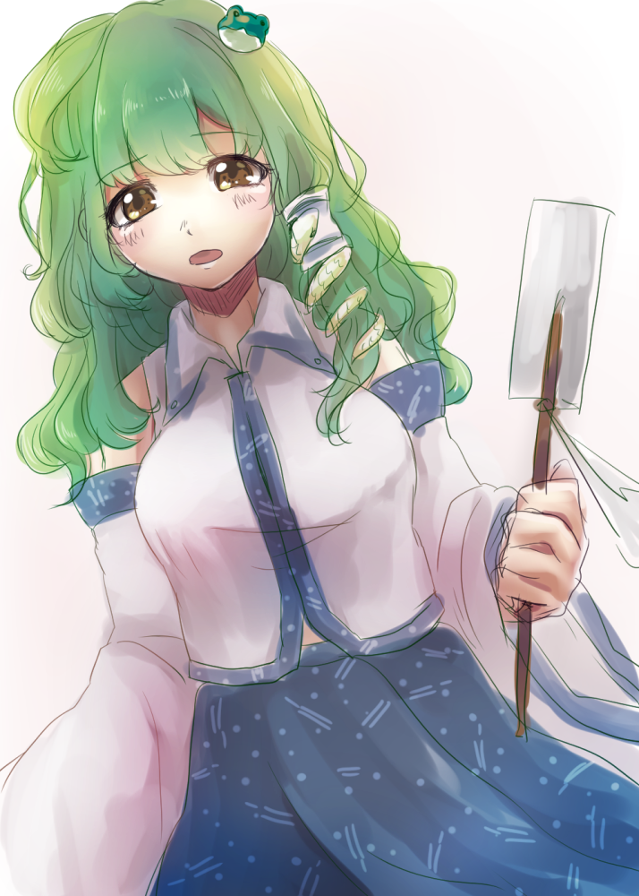 1girl, blush, breasts, brown_eyes, detached_sleeves, frog_hair_ornament, gohei, green_hair