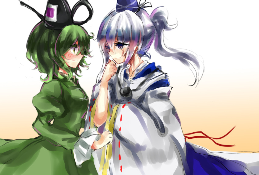 2girls, blue_eyes, blush, cerevevisiae, dress, green_dress, green_eyes, green_hair