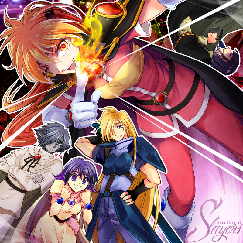 2013, 2girls, 3boys, ;d, amelia_wil_tesla_seyruun, armor, belt, black_hair