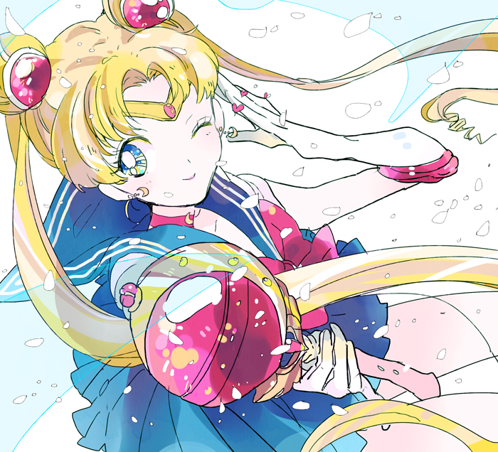 1girl, bishoujo_senshi_sailor_moon, blonde_hair, blue_eyes, camelot, cutie_moon_rod, double_bun, elbow_gloves, gloves, heart, long_hair, rod, sailor_moon, school_uniform, serafuku, side_glance, solo, tsukino_usagi, twintails, white_gloves, wings, wink