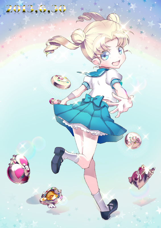 1girl, 2013, bishoujo_senshi_sailor_moon, black_shoes, blonde_hair, blue_eyes, blue_hair, blue_skirt, brooch, dated, double_bun, full_body, hair_bun, heart, jewelry, magical_girl, mary_janes, running, school_uniform, serafuku, shoes, skirt, socks, solo, sparkle, tsukino_usagi, twintails, u_lon, white_legwear, young