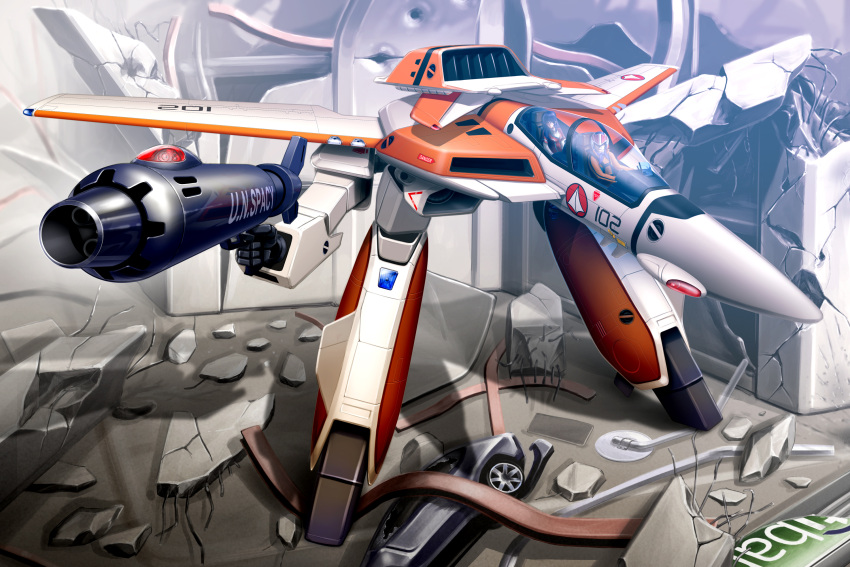 1boy, 1girl, angry, battle, black_hair, canopy, car, choujikuu_yousai_macross, city, cockpit, couple, dress, gerwalk, gunpod, helmet, highres, ichijou_hikaru, jumpsuit, long_hair, looking_at_viewer, lynn_minmay, macross, motor_vehicle, pilot_suit, realistic, ruins, scarf, science_fiction, u.n._spacy, unconscious, vehicle, vf-1, vf-1d, wire