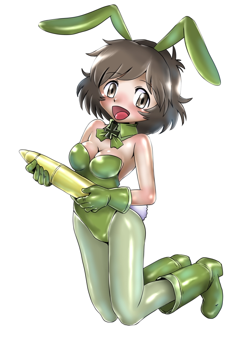 1girl, akiyama_yukari, animal_ears, boots, bowtie, brown_eyes, brown_hair, bunny_tail