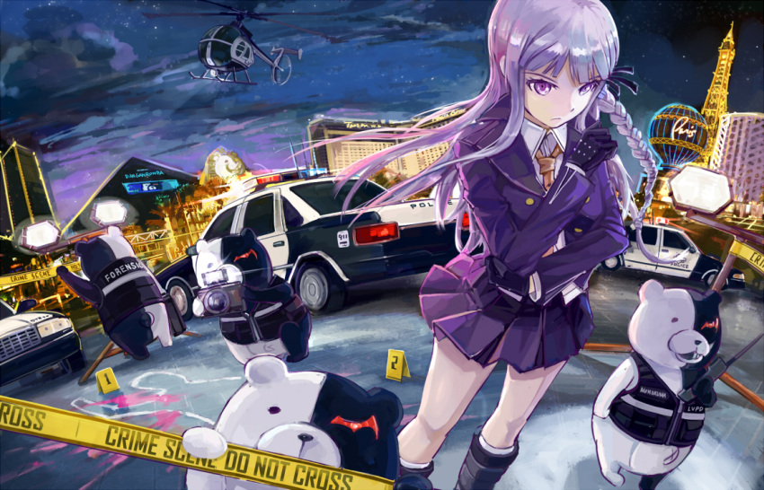 1girl, blood, blood_splatter, braid, camera, car, crime_scene, dangan_ronpa