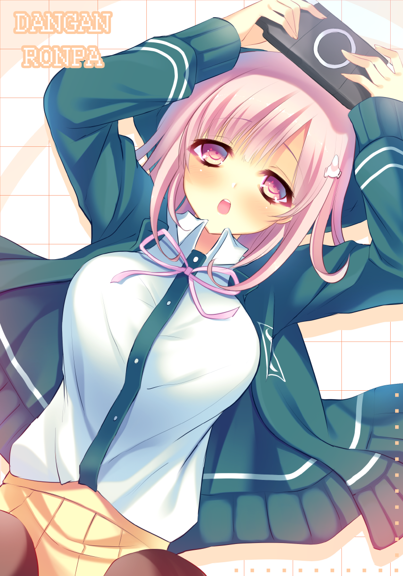 1girl, ayakichi, blush, copyright_name, dangan_ronpa, hair_ornament, hairclip, hood