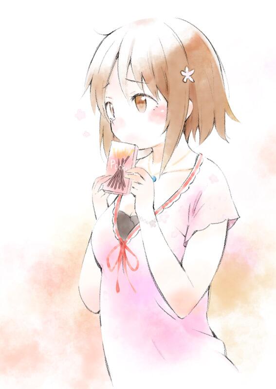 1girl, blush, brown_eyes, brown_hair, collarbone, flower, hair_ornament, idolmaster