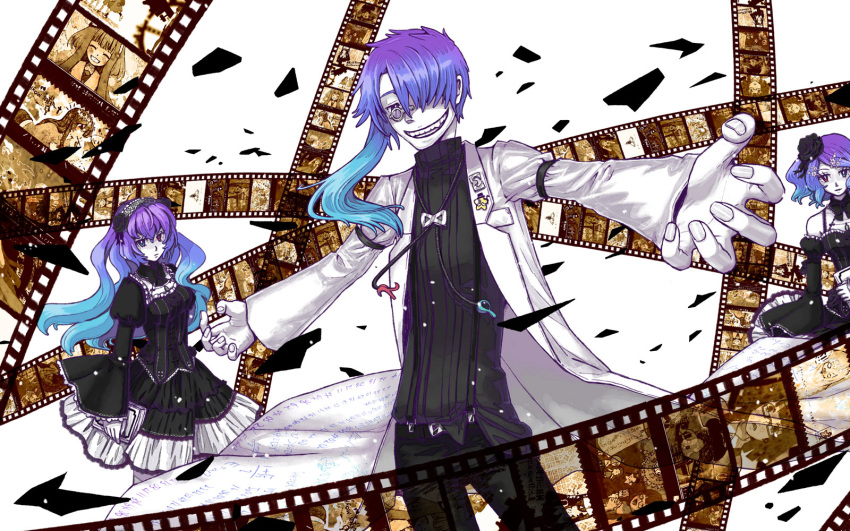 1boy, 2girls, alternate_eye_color, alternate_hair_color, dr._realist_(vocaloid), dress, film_strip, flower, flower_on_head, green_eyes, highres, kagamine_rin, megurine_luka, monocle, multiple_girls, purple_hair, red_eyes, syuri22, vocaloid, wavy_hair, white_skin