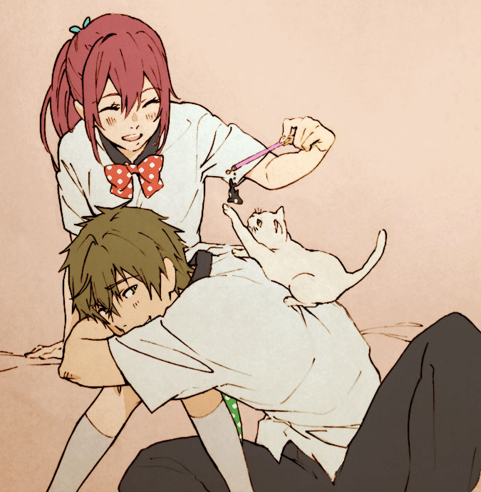 1boy, 1girl, bowtie, brown_hair, cat, closed_eyes, free!, green_eyes, itoko_(nicon85), kneehighs, matsuoka_gou, necktie, orca, pen, polka_dot, ponytail, redhead, school_uniform, sitting, smile, tachibana_makoto