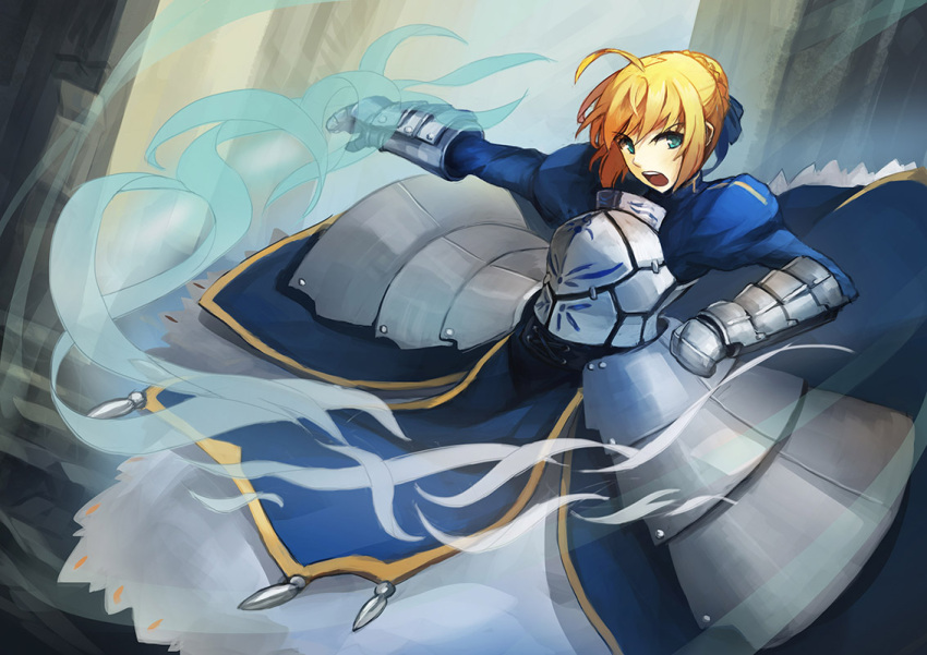 1girl, ahoge, armor, armored_dress, blonde_hair, fate/stay_night, fate_(series), faulds