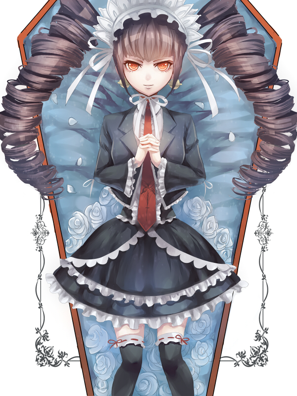 1girl, black_hair, black_legwear, bonnet, celestia_rudenberk, coffin, dangan_ronpa, drill_hair
