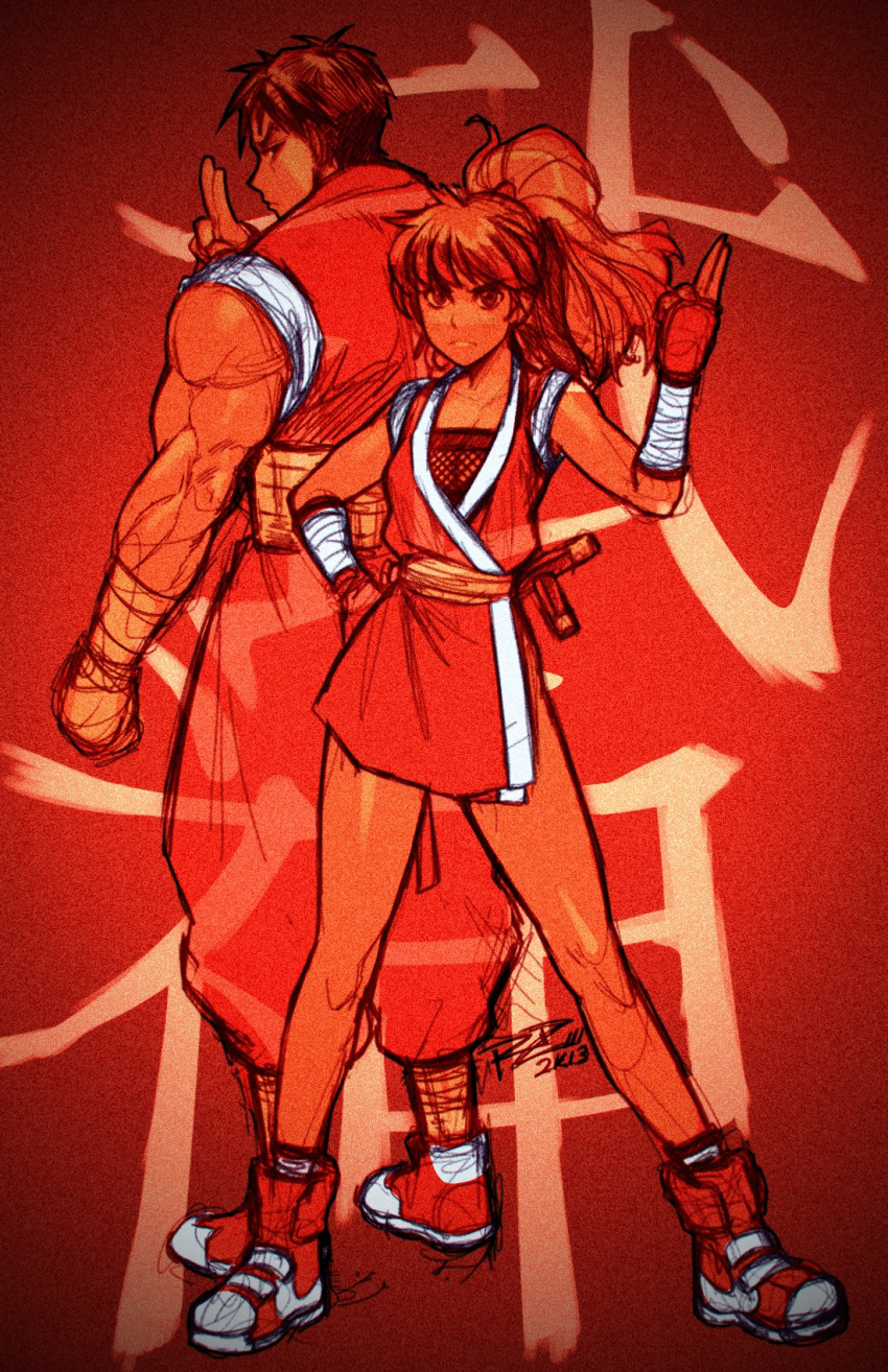 1boy, 1girl, back-to-back, bare_legs, final_fight, fingerless_gloves, fishnets, frown