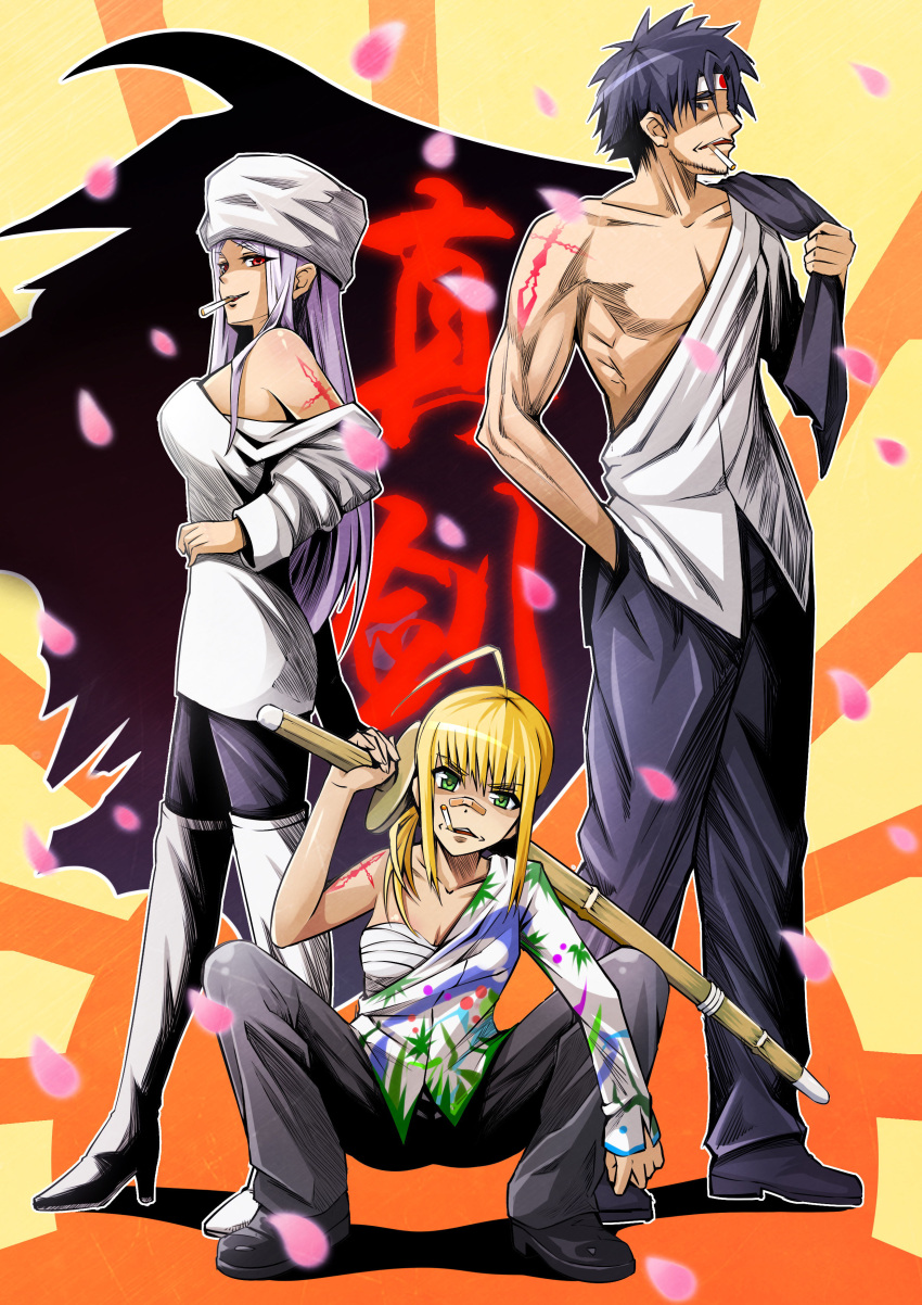 1boy, 2girls, 52ikaros, absurdres, ahoge, black_hair, blonde_hair, cigarette