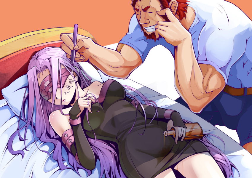1boy, 1girl, 52ikaros, absurdres, beard, bed, blindfold, bottle