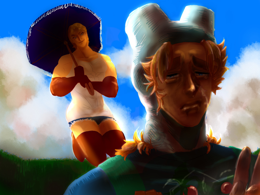 2boys, adventure_time, bigajurk, blonde_hair, cosplay, dio_brando, finn, finn_(cosplay)
