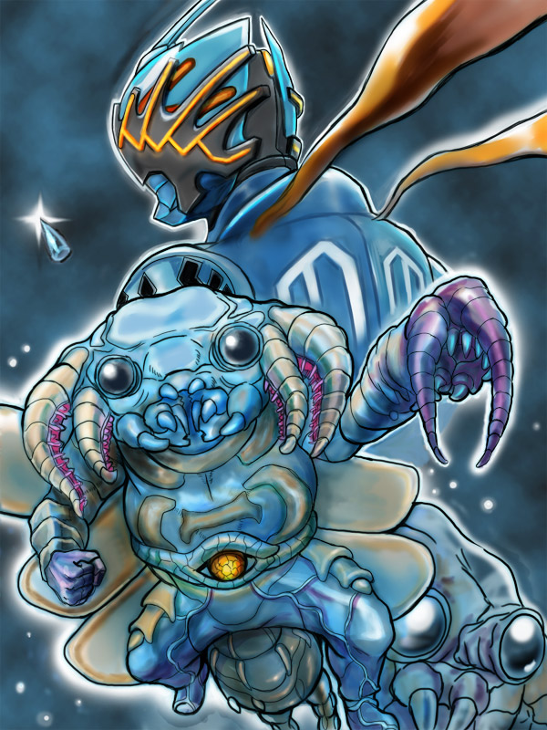 1boy, anomalocaris_dopant, blue, blue_theme, claws, huujyu, kamen_rider, kamen_rider_w