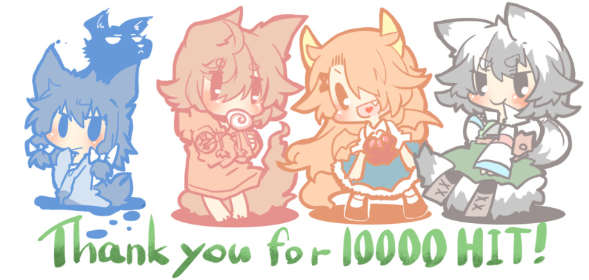 4girls, animal_ears, black_eyes, blue_eyes, blue_hair, blush, brown_eyes, brown_hair