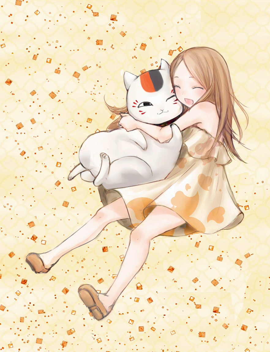 1girl, :d, brown_hair, cat, closed_eyes, dress, hug, hug_from_behind
