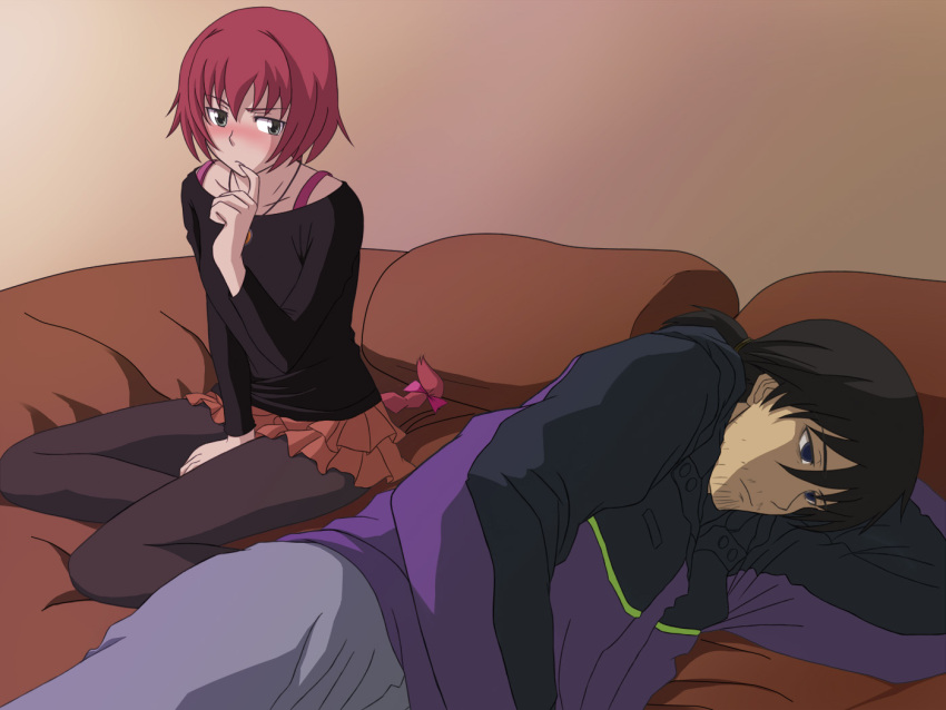 blush, darker_than_black, hei, pantyhose, ponytail, red_hair, redhead, rp_(necho), skirt, suou_pavlichenko