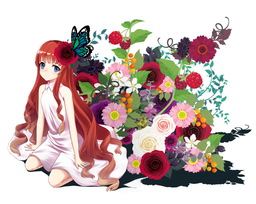 1girl, blue_eyes, dress, flower, food, fruit, hair_flower, hair_ornament