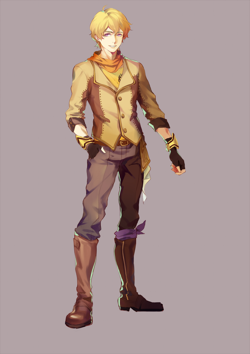 1boy, belt, blonde_hair, boots, fingerless_gloves, gauntlets, genderswap, gloves